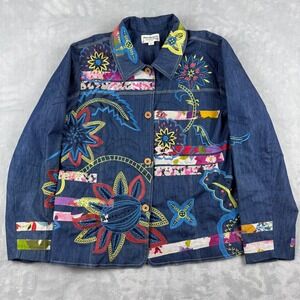 Norm Thompson Embellished Denim Jacket Women's Size L Blue‎ Floral Embroidered